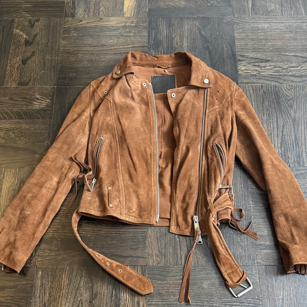 USED All Saints Brown Suede Leather Jacket US Size 2 EU size 34